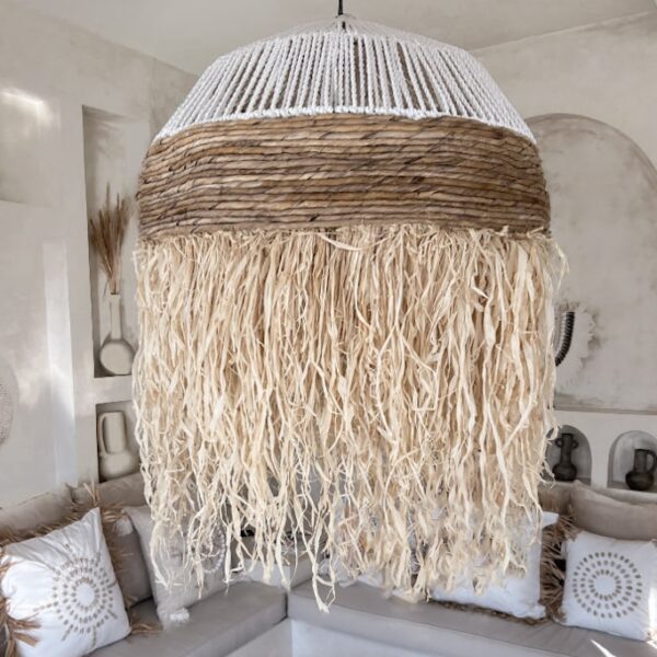 Duża lampa boho 80cm biało brązowa