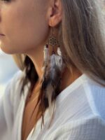 brązowe kolczyki z piór boho styl